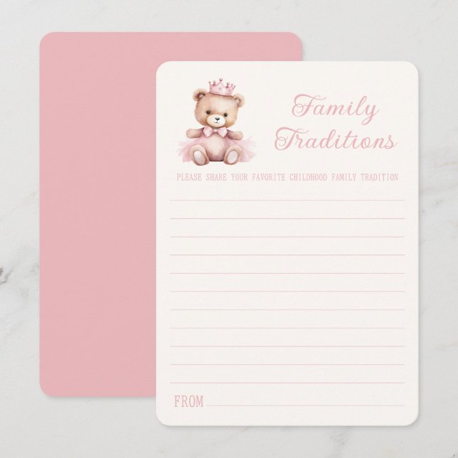 Pink Princess Bear Baby Shower Family Traditions Note Card (Front/Back)
