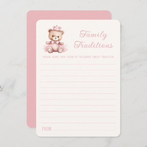 Pink Princess Bear Baby Shower Family Traditions Note Card