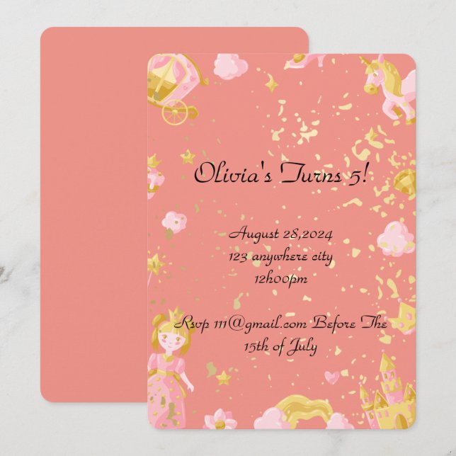 pink princess birthday invitation (Front/Back)