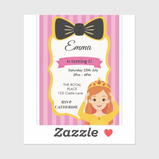 Pink Princess Birthday Invite | zazzlemade Sticker (Sheet)