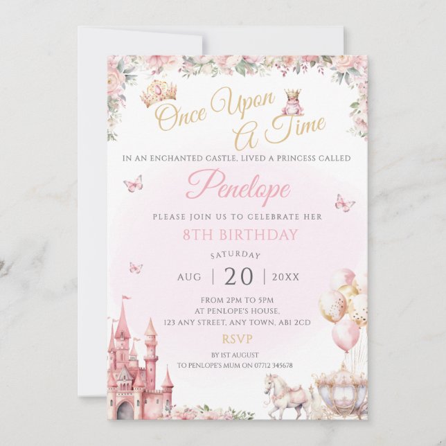 Pink Princess Birthday Party Invite Fairy Tale (Front)