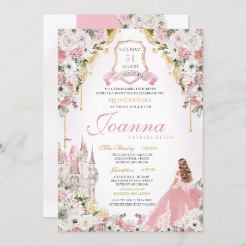 Pink Princess Blush Gold Royal Castle Quinceanera Invitation