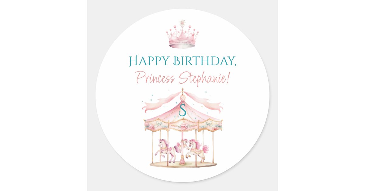 Pink Princess Carousel Magical 1st Birthday Girl Classic Round Sticker ...