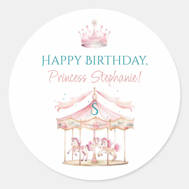 Pink Princess Carousel Magical 1st Birthday Girl Classic Round Sticker ...
