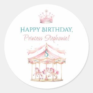 Pink Princess Carousel Magical 1st Birthday Girl Classic Round Sticker