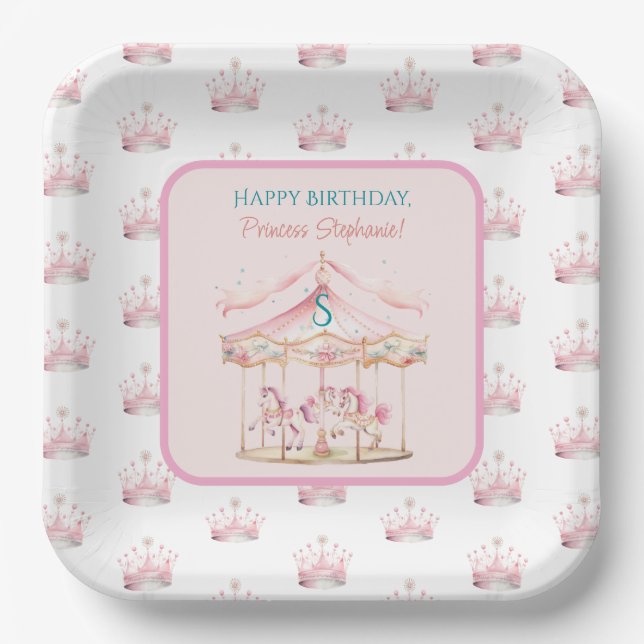 Pink Princess Carousel Magical 1st Birthday Girl Paper Plates (Front)