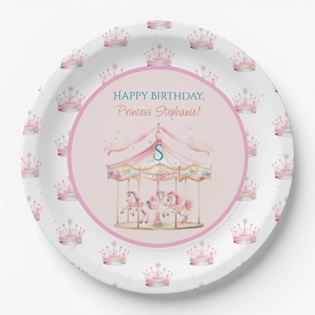Pink Princess Carousel Magical 1st Birthday Girl Paper Plates (Front)