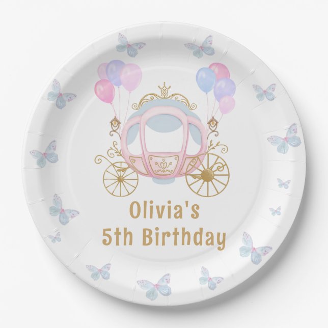 Pink Princess Carriage Butterfly Girl Birthday Paper Plates (Front)