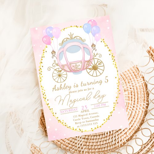 Pink Princess Carriage Girl Birthday Party Invitation