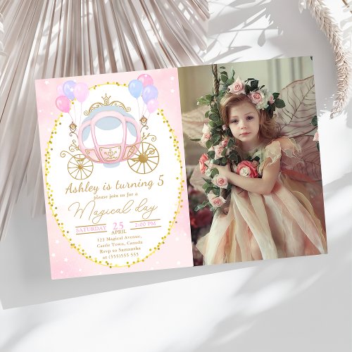 Pink Princess Carriage Girl Birthday Photo Invitation