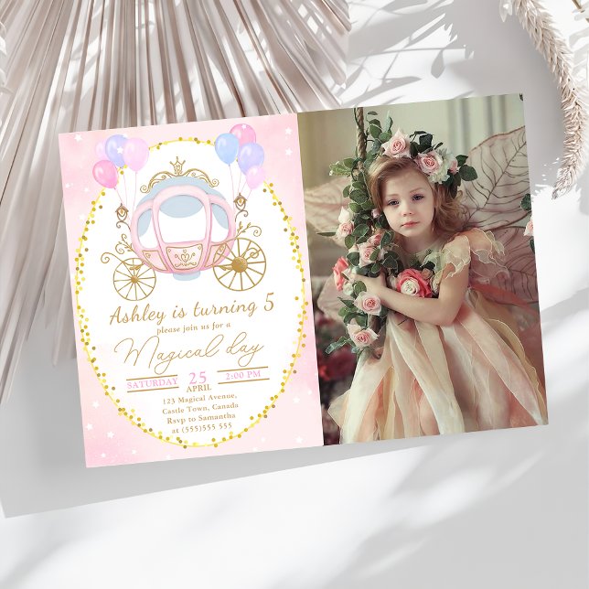 Pink Princess Carriage Girl Birthday Photo Invitation (Creator Uploaded)