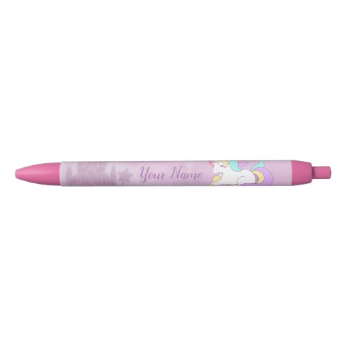 Pink Princess Castle and Cute Magical Baby Unicorn Black Ink Pen
