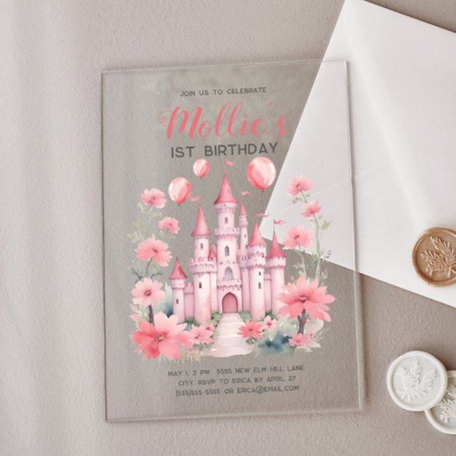 Pink Princess Castle Baby Girl's 1st Birthday Acrylic Invitations (Pink castle baby girl's 1st birthday princess birthday acrylic invitation)