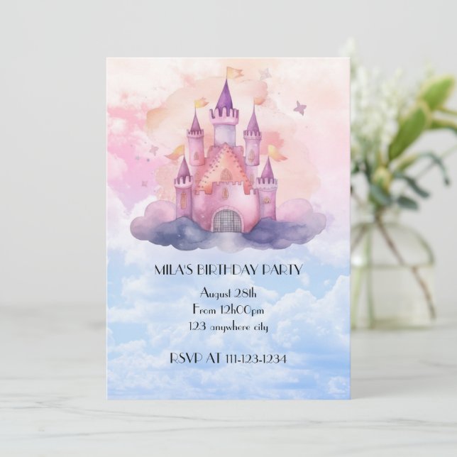 Pink princess castle birthday invitation  (Standing Front)
