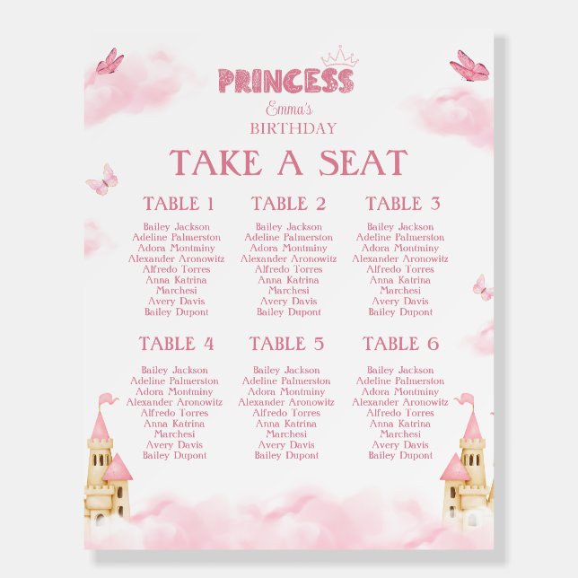 Pink Princess Castle Butterflies Seating Chart Foam Board (Front)
