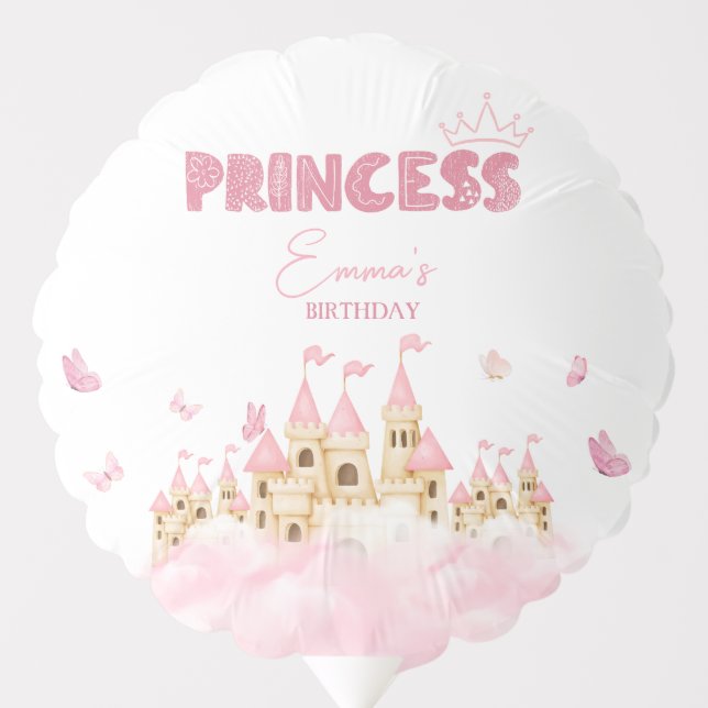 Pink Princess Castle Crown Butterflies Clouds Balloon (Front)