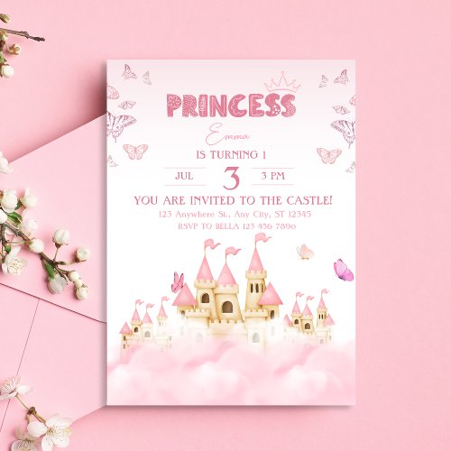 Pink Princess Castle Enchanting Whimsical Clouds Invitation