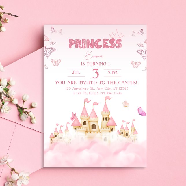 Pink Princess Castle Enchanting Whimsical Clouds Invitation (Front)