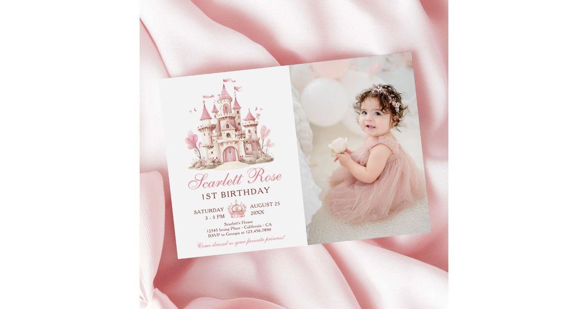 Pink Princess Castle Floral 1st Birthday Photo Invitation | Zazzle