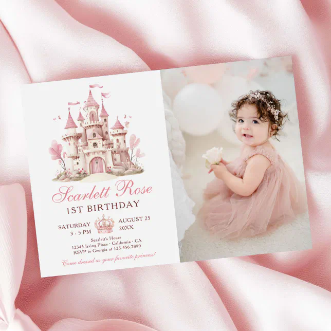 Pink Princess Castle Floral 1st Birthday Photo Invitation | Zazzle