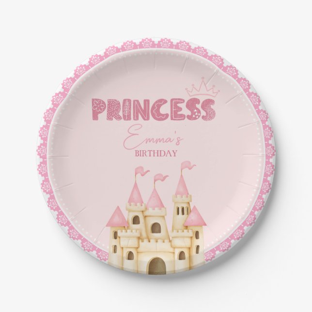 Pink Princess Castle Floral Enchanting Birthday Paper Plates (Front)