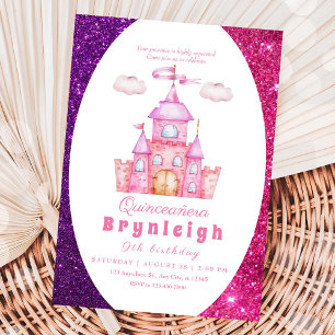 Pink princess castle girl birthday party invitation