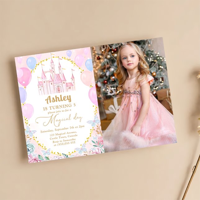 Pink Princess Castle Girl Birthday Party Photo Invitation (Creator Uploaded)