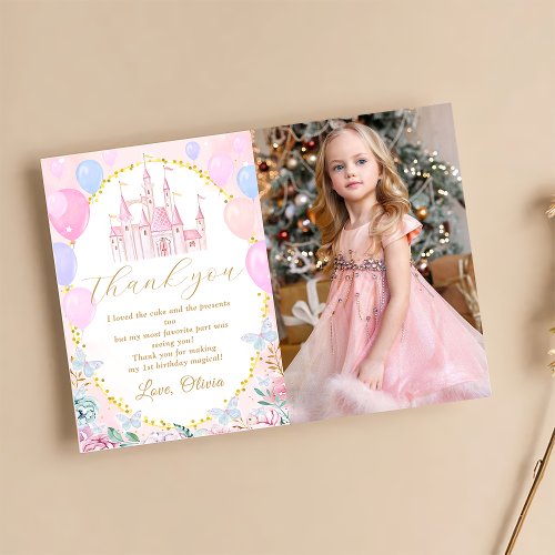 Pink Princess Castle Girl Birthday Photo Thank You Card