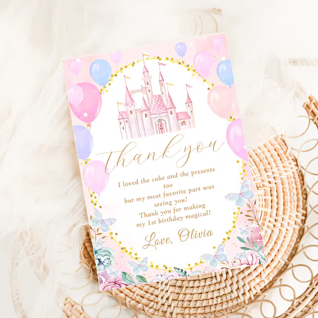 Pink Princess Castle Girl Birthday Thank You Card | Zazzle