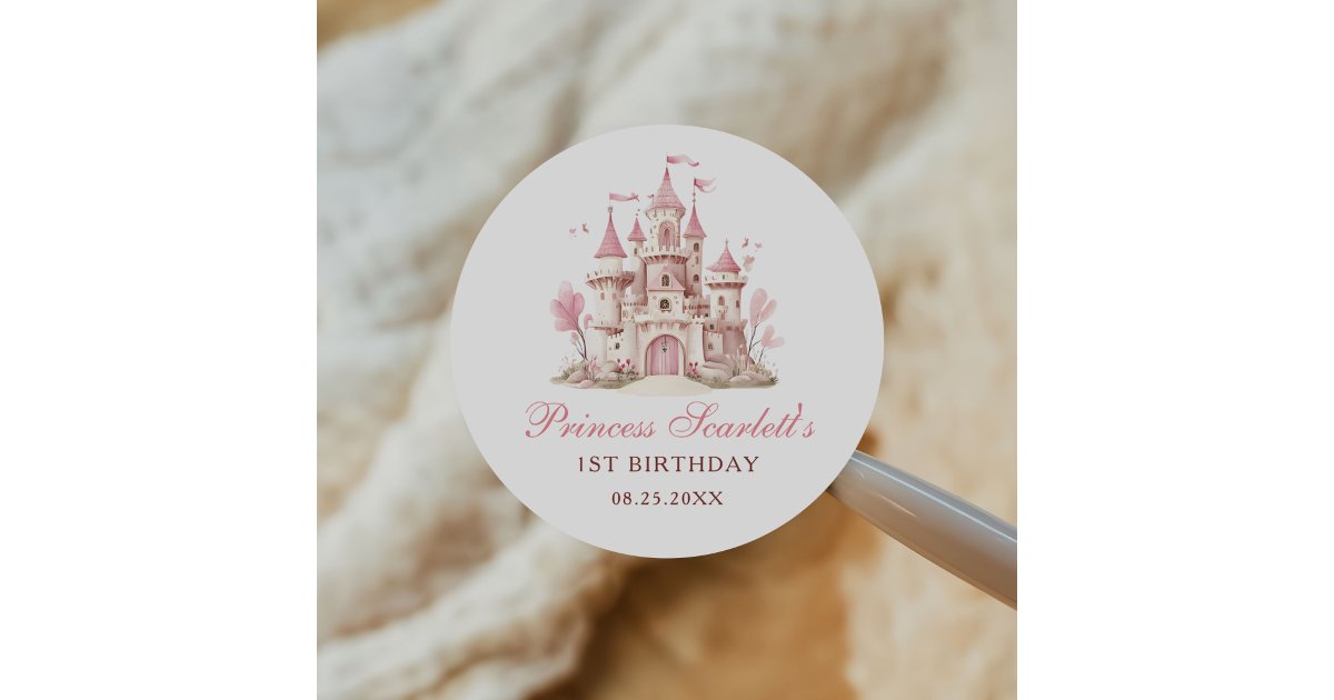Pink Princess Castle Girl's Birthday Party Classic Round Sticker | Zazzle