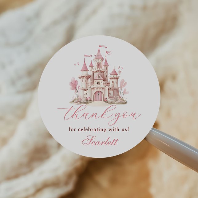 Pink Princess Castle Girl's Birthday Party Classic Round Sticker (Creator Uploaded)