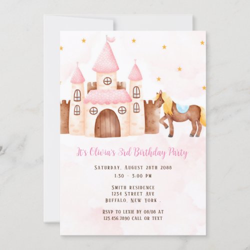 Pink Princess Castle Horse Birthday Party Invitation