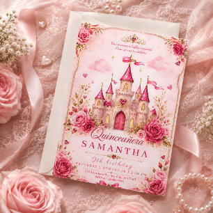 Pink Princess Castle Quinceañera Invitation