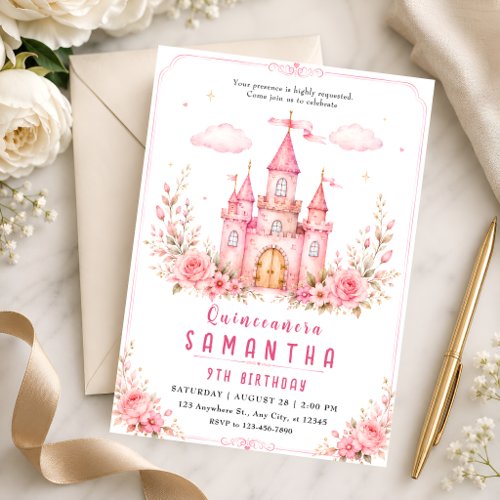 Pink Princess Castle Quinceañera Invitation