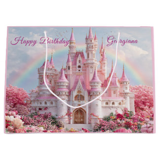 Pink Princess Castle Rainbow Clouds Large Gift Bag
