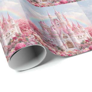 Pink Princess Castle Rainbow Clouds Wrapping Paper