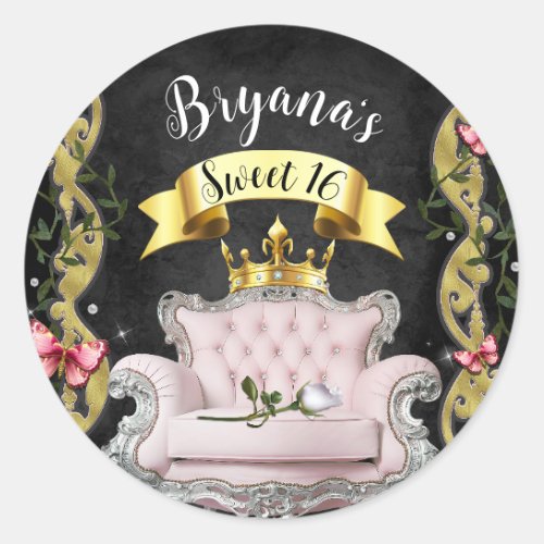 Pink Princess Chair Roses  Butterflies Sweet 16   Classic Round Sticker