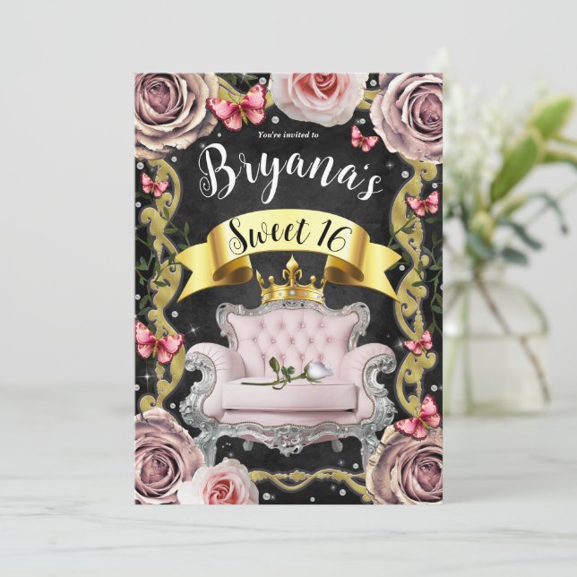 Pink Princess Chair Roses & Butterflies Sweet 16   Invitation (Standing Front)
