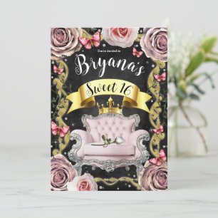 Pink Princess Chair Roses & Butterflies Sweet 16 Invitation