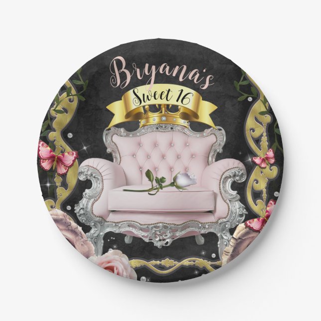 Pink Princess Chair Roses & Butterflies Sweet 16  Paper Plates (Front)