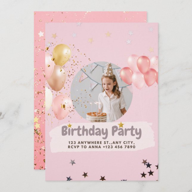 Pink Princess Confetti Birthday Invitation (Front/Back)