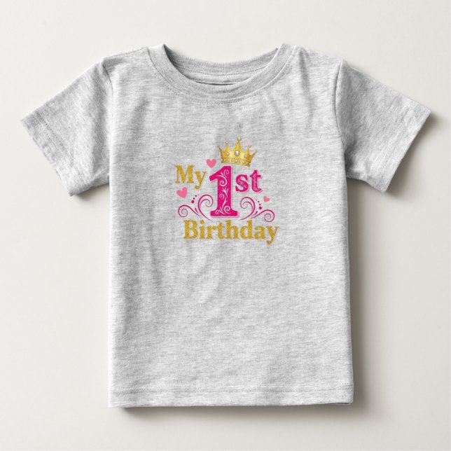 Pink Princess Crown 1st Birthday Baby T-Shirt (Front)