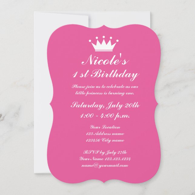 Pink princess crown 1st Birthday party invitations (Front)