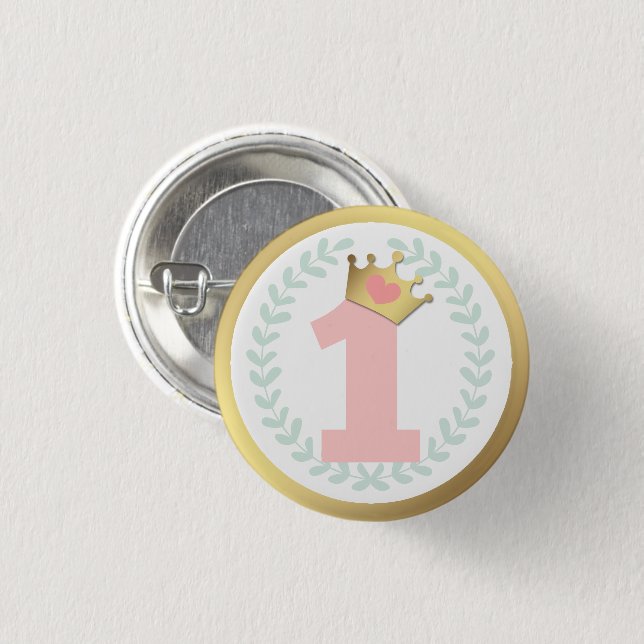 Pink Princess Crown Baby Girl First Birthday Button (Front & Back)
