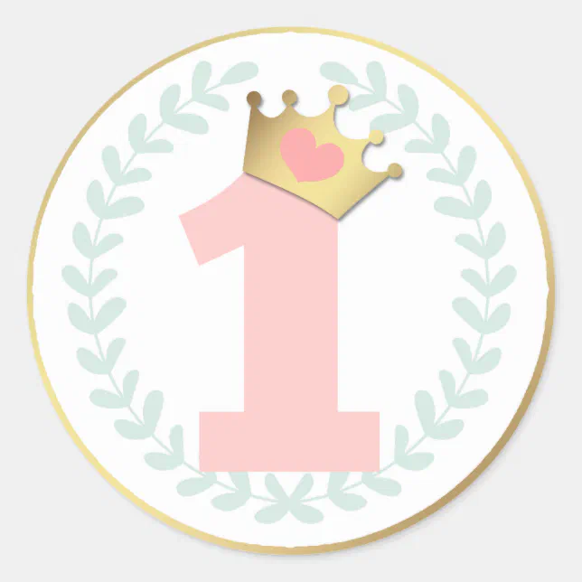 Pink Princess Crown Baby Girl First Birthday Classic Round Sticker | Zazzle