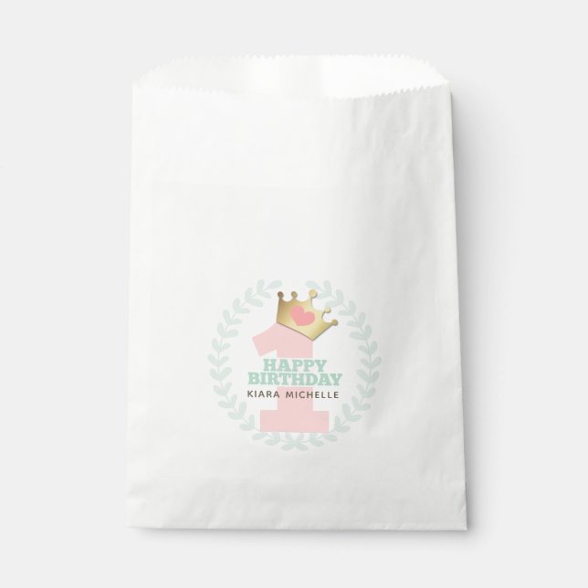 Pink Princess Crown Baby Girl First Birthday Party Favor Bag (Front)