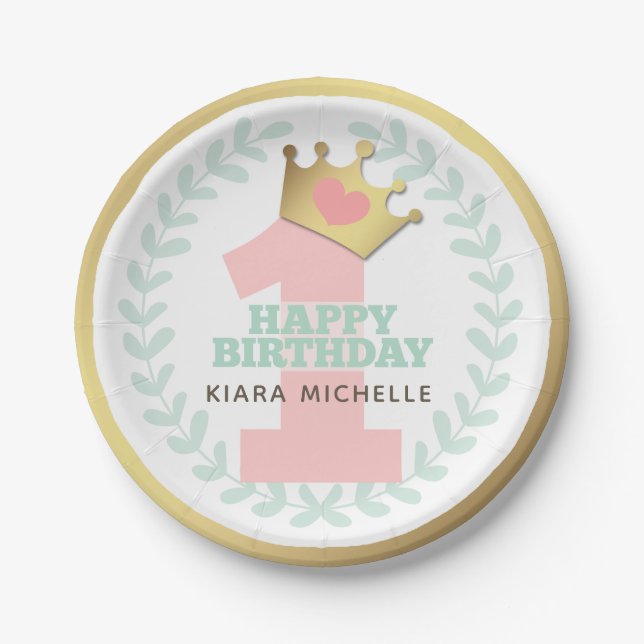 Pink Princess Crown Baby Girl First Birthday Party Paper Plates (Front)