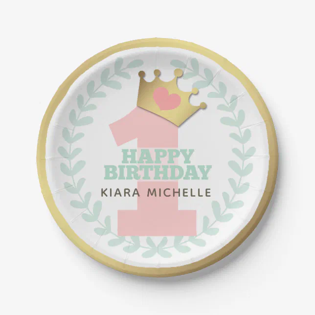 Pink Princess Crown Baby Girl First Birthday Party Paper Plates | Zazzle