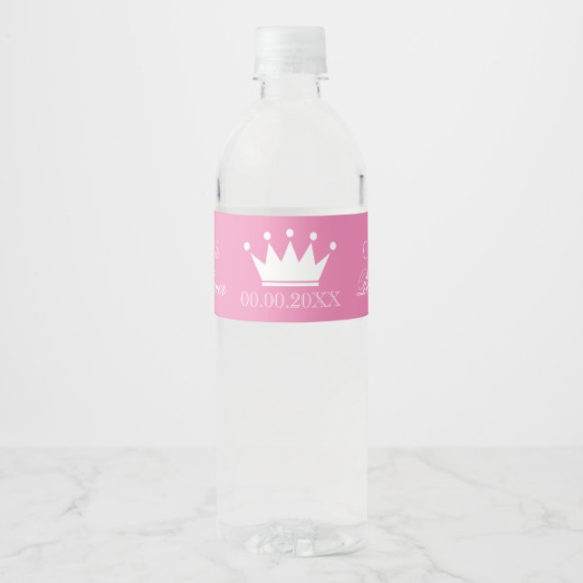 Pink princess crown chic girls baby shower custom water bottle label