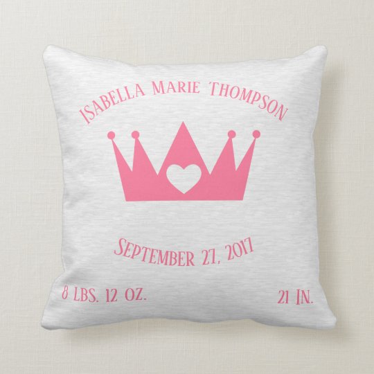 Pink Princess Crown Heart Tiara Personalized Birth Throw Pillow